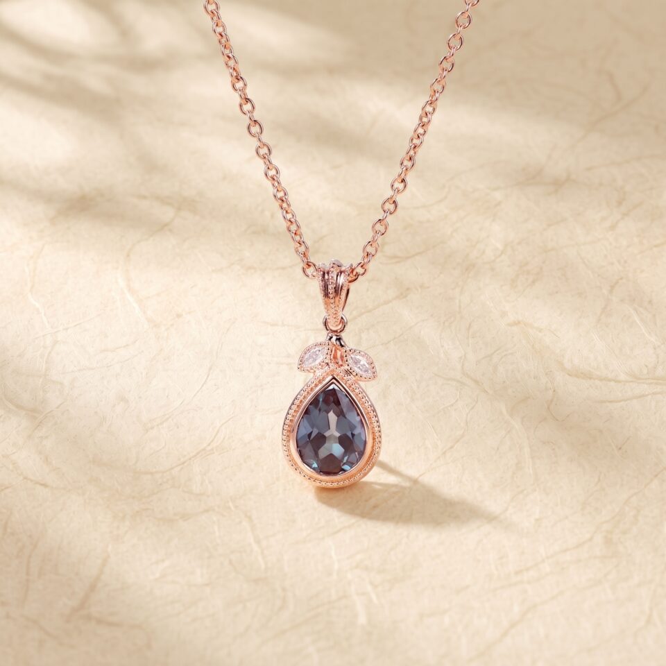 Fishtail Diamond Accented Milgrain Pendant Necklace with Pear Cut Alexandrite2