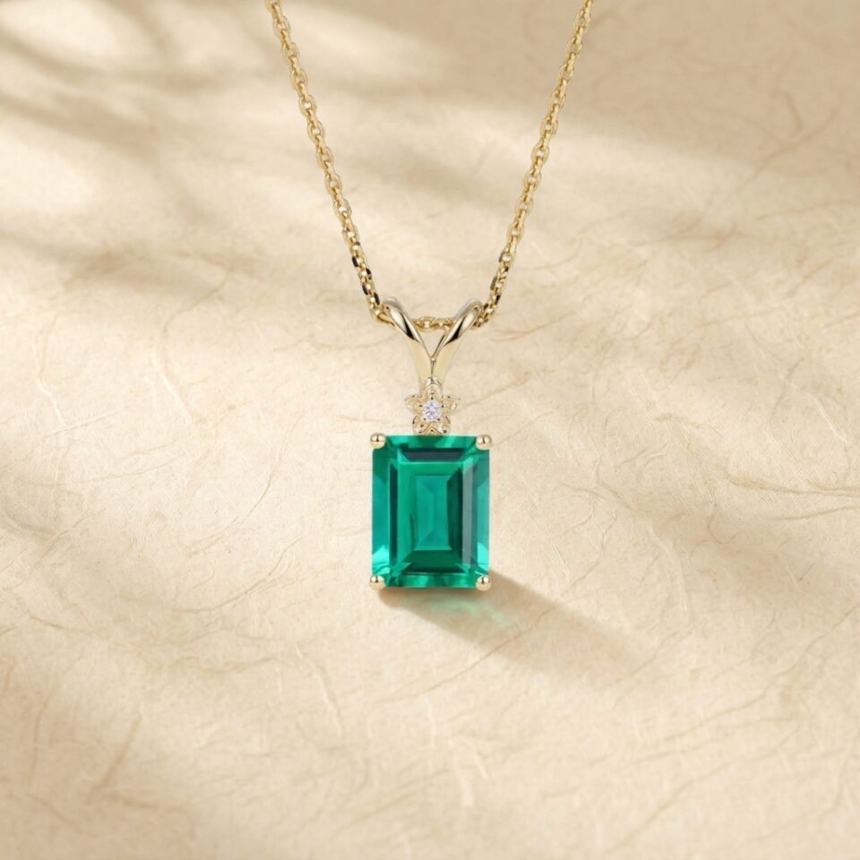 Floral Diamond Accented Pendant Necklace with Emerald Cut Emerald5
