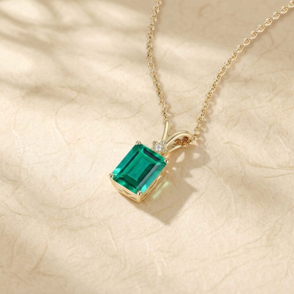 Floral Diamond Accented Pendant Necklace with Emerald Cut Emerald6
