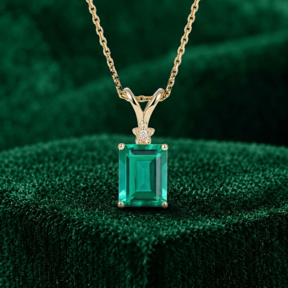 Floral Diamond Accented Pendant Necklace with Emerald Cut Emerald7