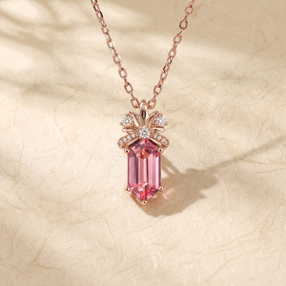 Floral Diamond Accented Pendant Necklace with Long Hexagon Cut Pink Sapphire2