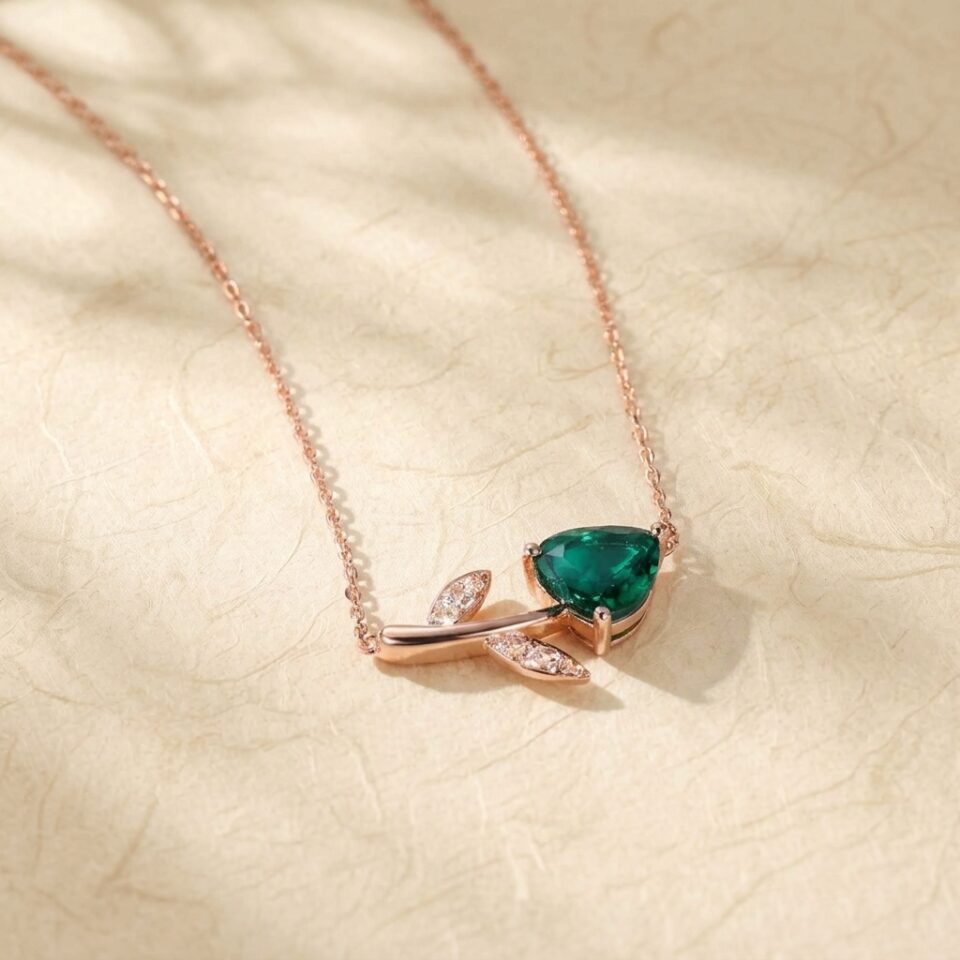 Flower Pendant Necklace with Heart Shaped Emerald3