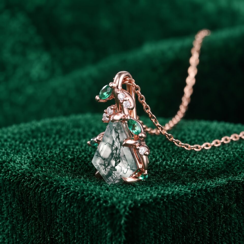 Garden Style Moss Agate Kite Cut Pendant Necklace with Leaf Details (5)