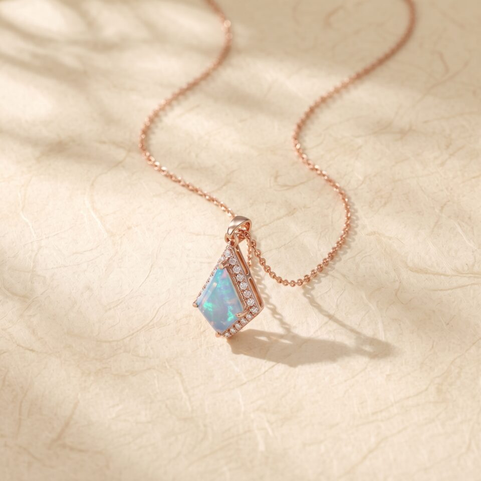 Halo Pendant Necklace with Kite Cut Lab Opal for Women6