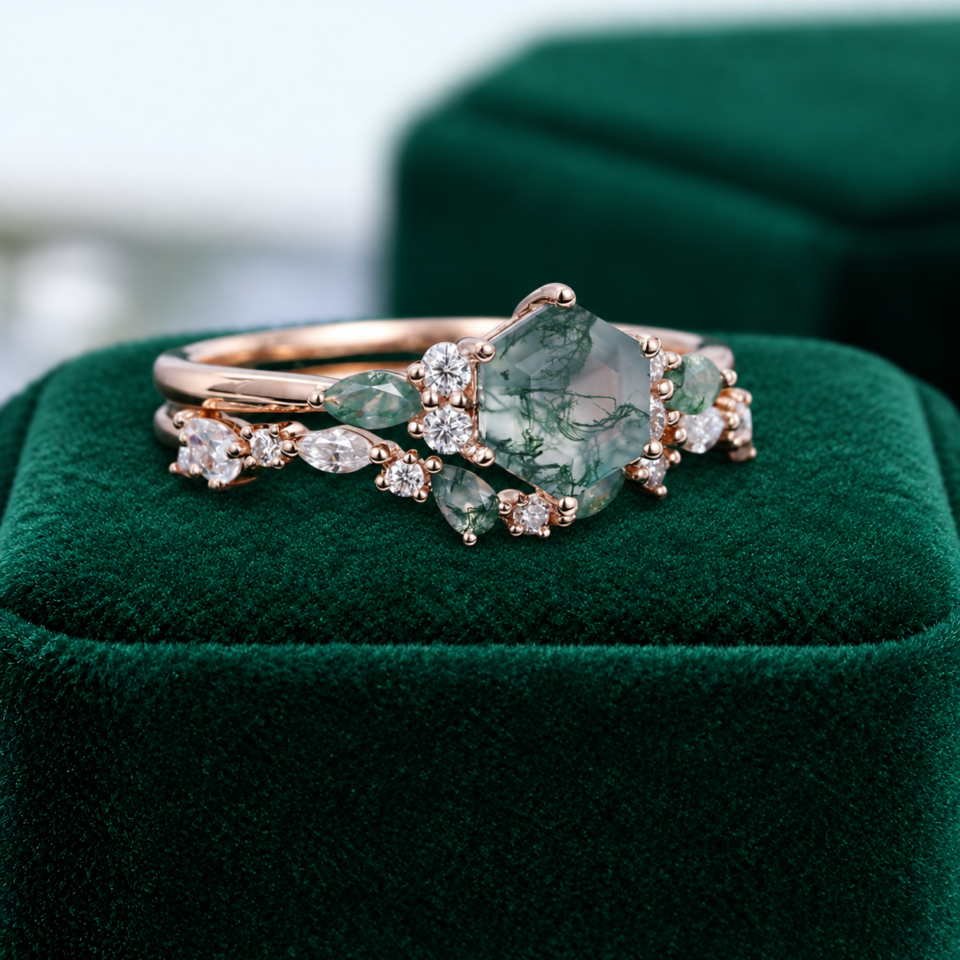 Hexagon-Cut Moss Agate Engagement Ring Set – Nature-Inspired Bridal Set (1)