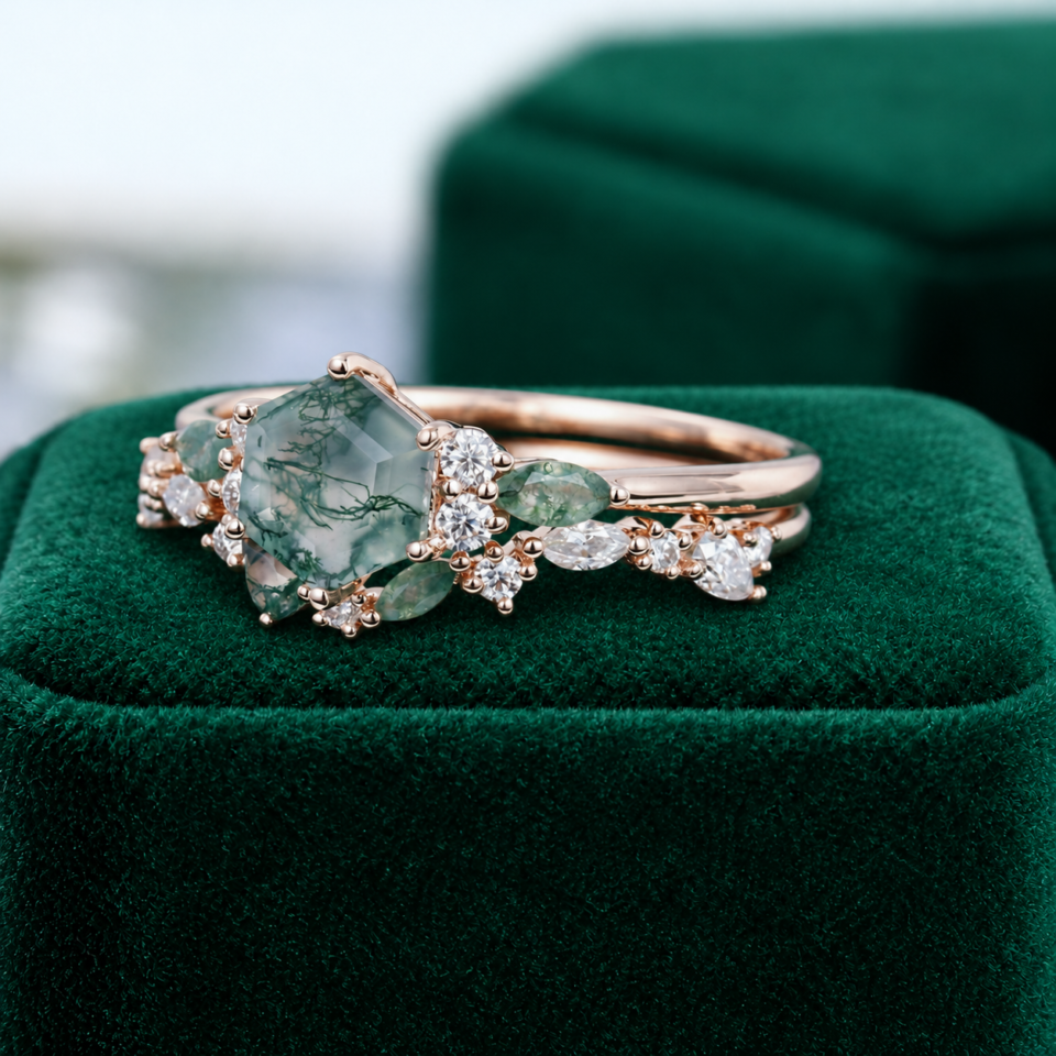 Hexagon-Cut Moss Agate Engagement Ring Set – Nature-Inspired Bridal Set (3)