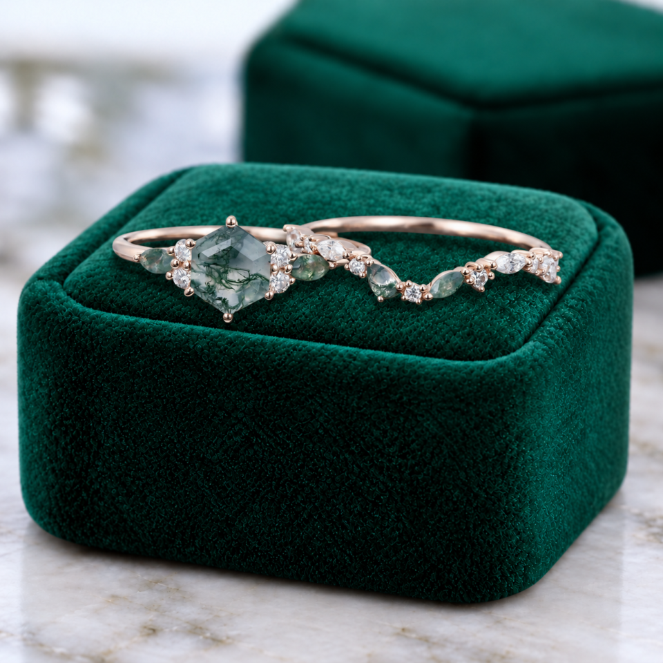 Hexagon-Cut Moss Agate Engagement Ring Set – Nature-Inspired Bridal Set (4)