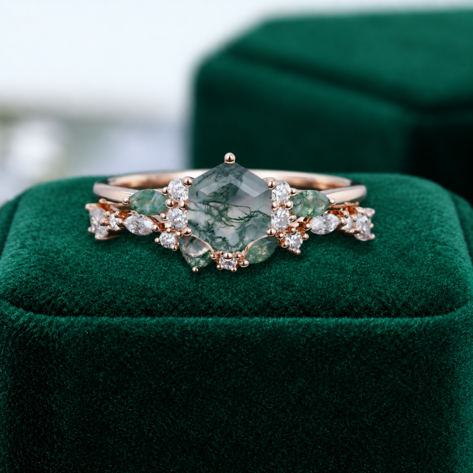 Hexagon-Cut Moss Agate Engagement Ring Set – Nature-Inspired Bridal Set