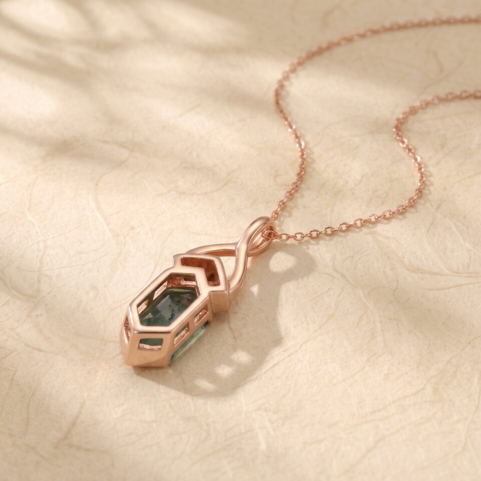 Hexagon Cut Moss Agate Necklace with Fishtail Diamond Accented Pendant – Gift for Her (6)