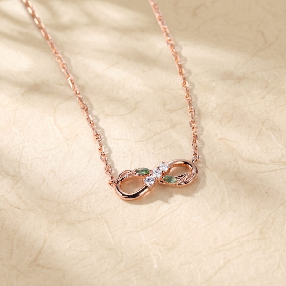 Infinity Necklace with Moss Agate and Moissanite Leaf Accents1