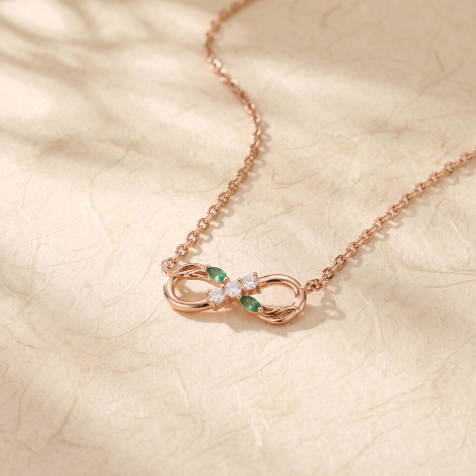 Infinity Necklace with Moss Agate and Moissanite Leaf Accents3