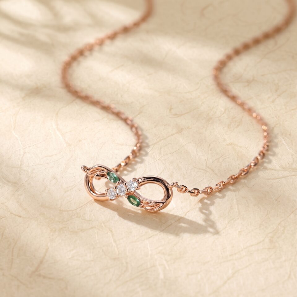 Infinity Necklace with Moss Agate and Moissanite Leaf Accents4