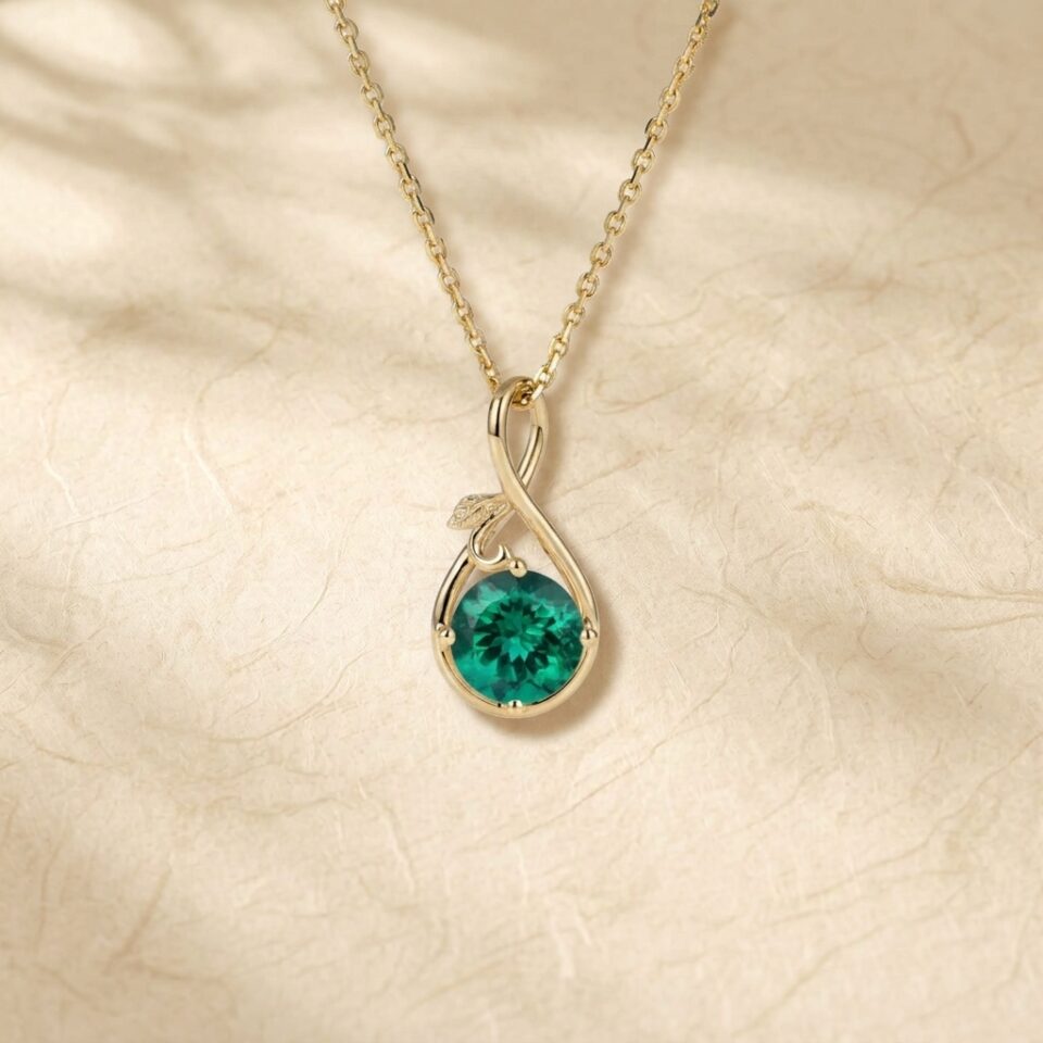Infinity Pendant Necklace with Round Cut Emerald and Leaf Accents1