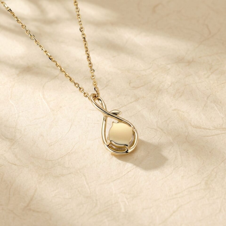 Infinity Pendant Necklace with Round Cut Emerald and Leaf Accents3