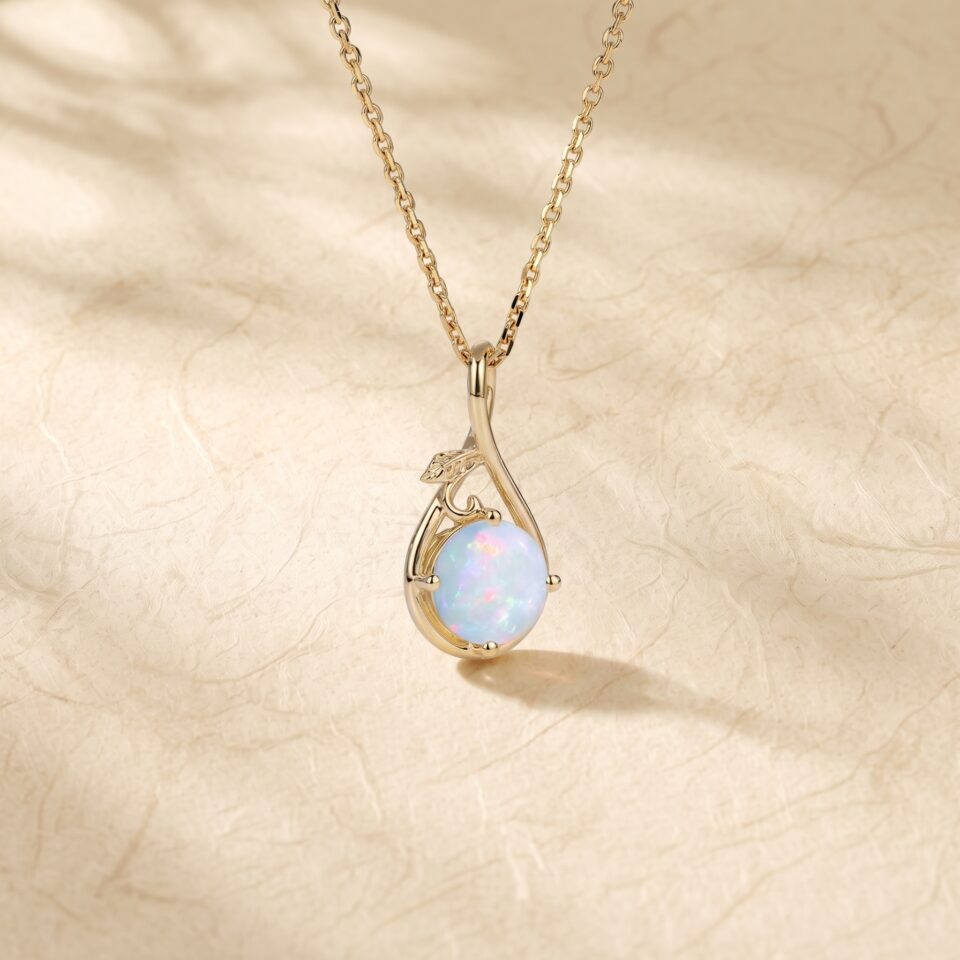 Infinity Pendant Necklace with Round Cut Natural Opal and Leaf Accents1