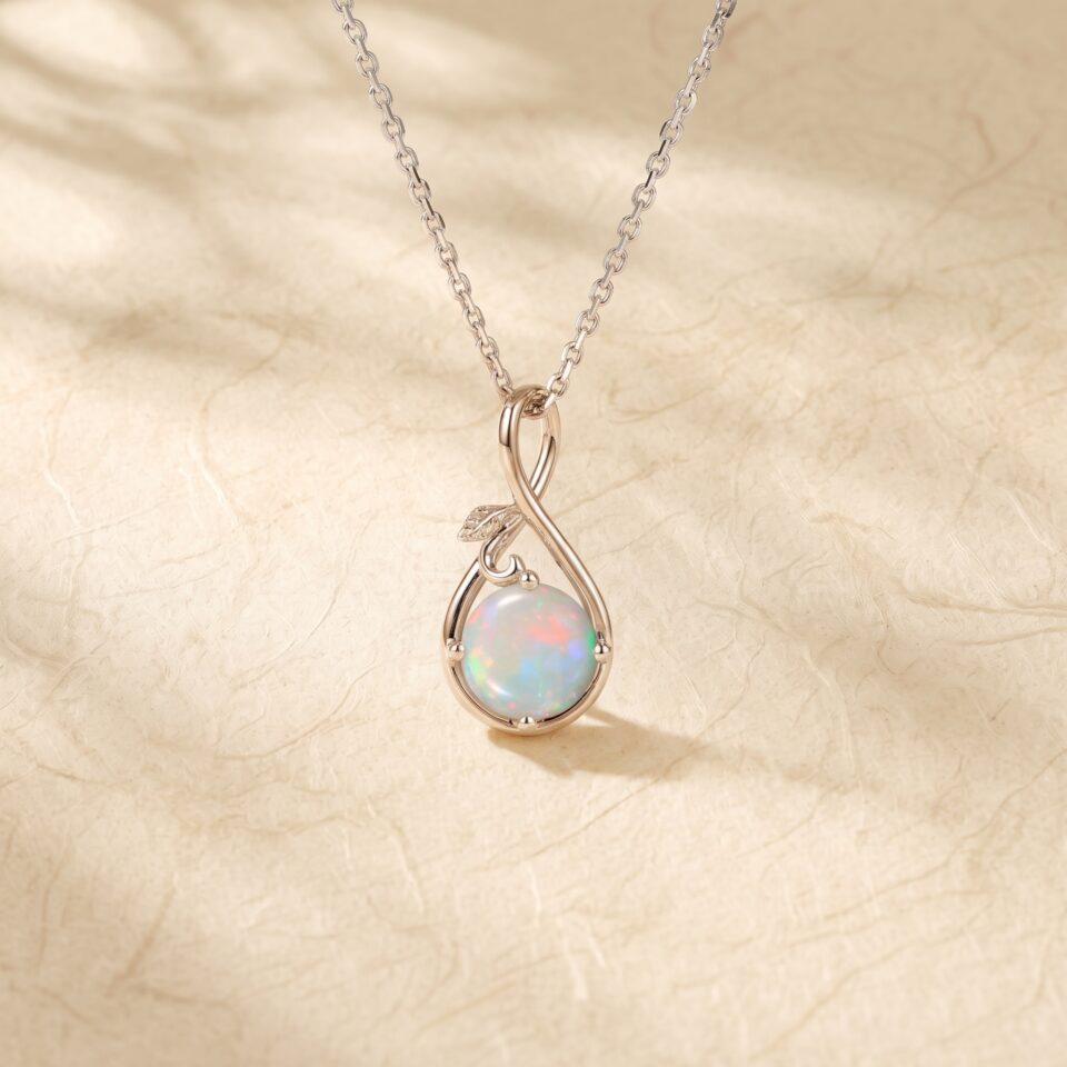 Infinity Pendant Necklace with Round Cut Natural Opal and Leaf Accents5