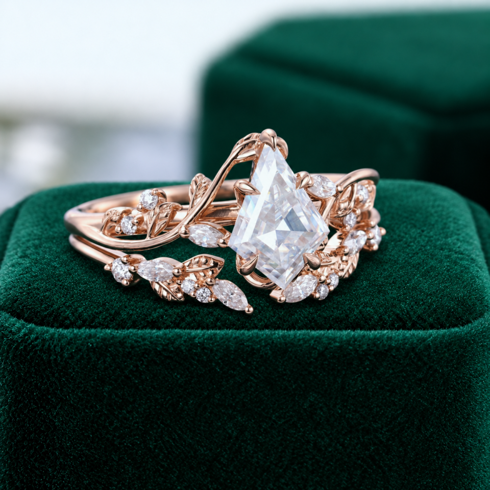 Kite-Cut Moissanite Engagement & Wedding Ring Set Leaf Design (1)