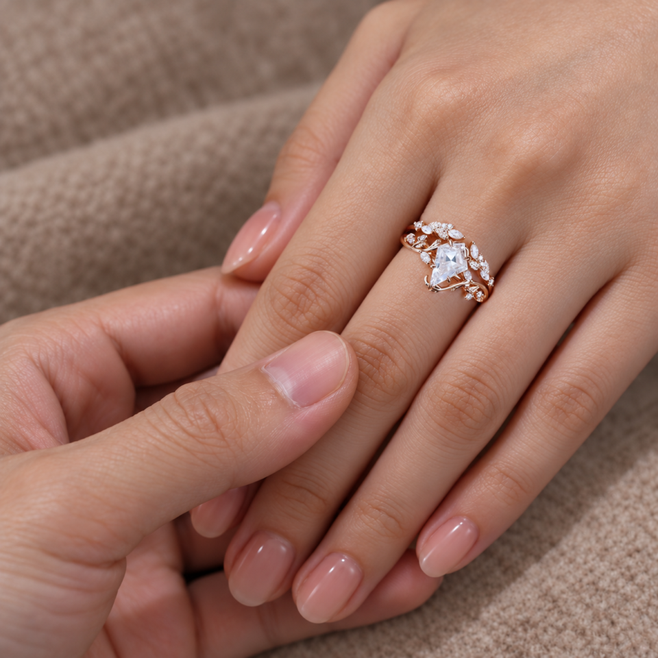 Kite-Cut Moissanite Engagement & Wedding Ring Set Leaf Design (3)