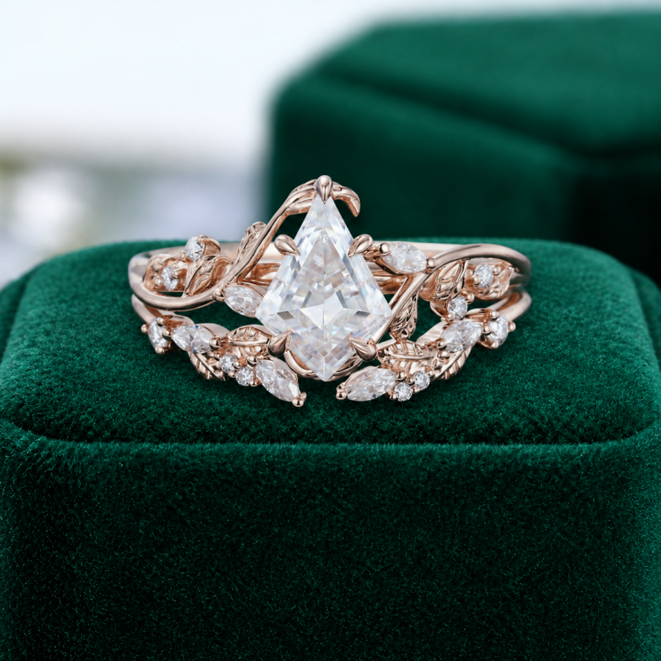 Kite-Cut Moissanite Engagement & Wedding Ring Set – Leaf Design