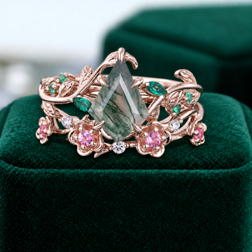 Kite Cut Moss Agate Bridal Ring Set Nature Inspired Ring Set