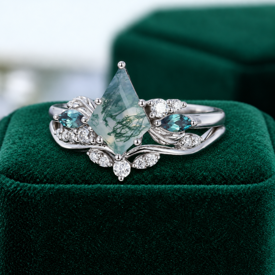 Kite-Cut Moss Agate Engagement & Wedding Ring Set Cluster Design (2)