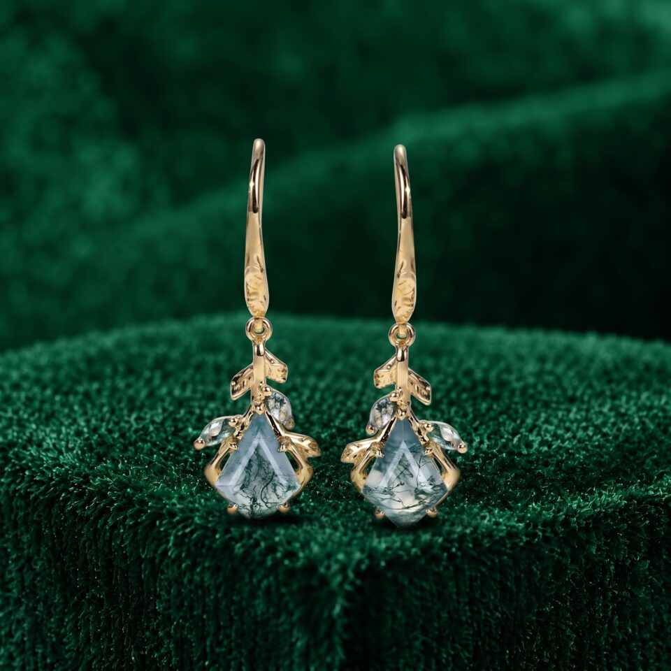 Kite Cut Moss Agate Leaf Earrings with Organic Nature Inspired Accents
