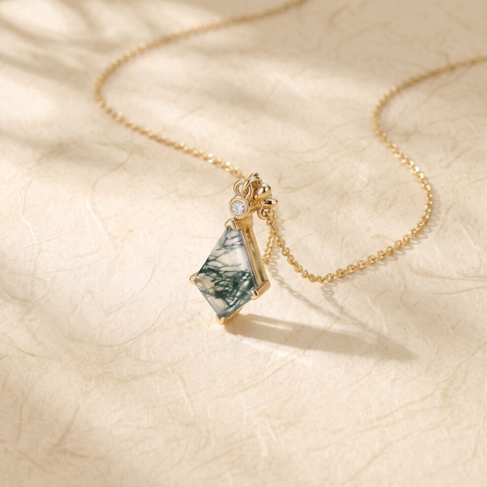 Kite-Cut Moss Agate Pendant with Emerald Floral Accent2