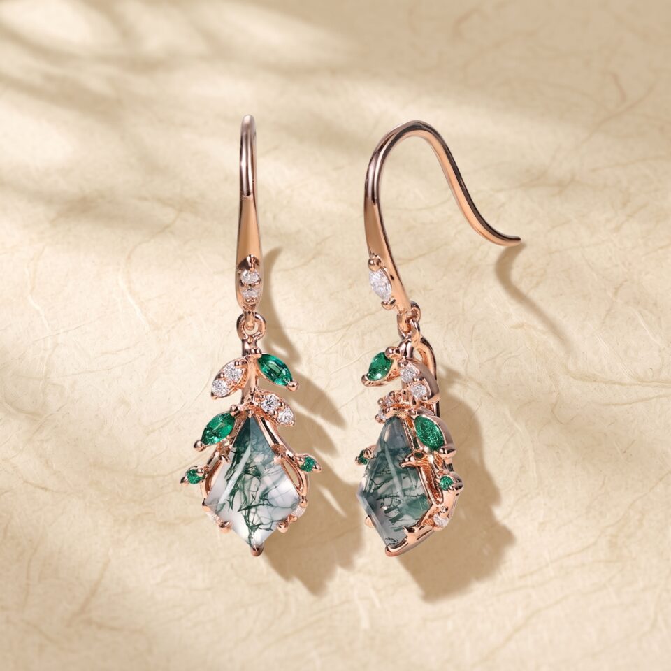 Kite Cut Moss Agate Statement Earrings with Organic Leaf Details (2)