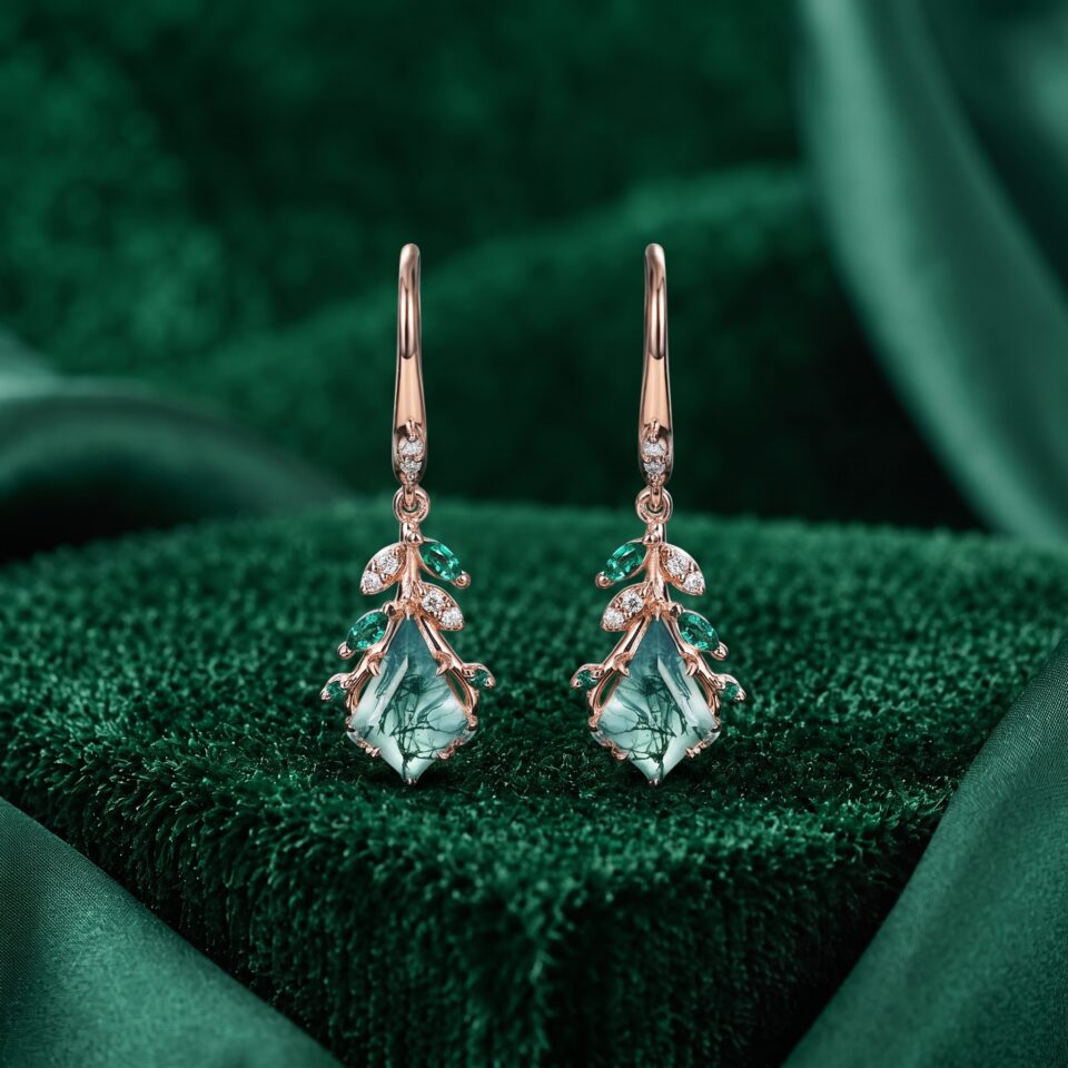 Kite Cut Moss Agate Statement Earrings with Organic Leaf Details