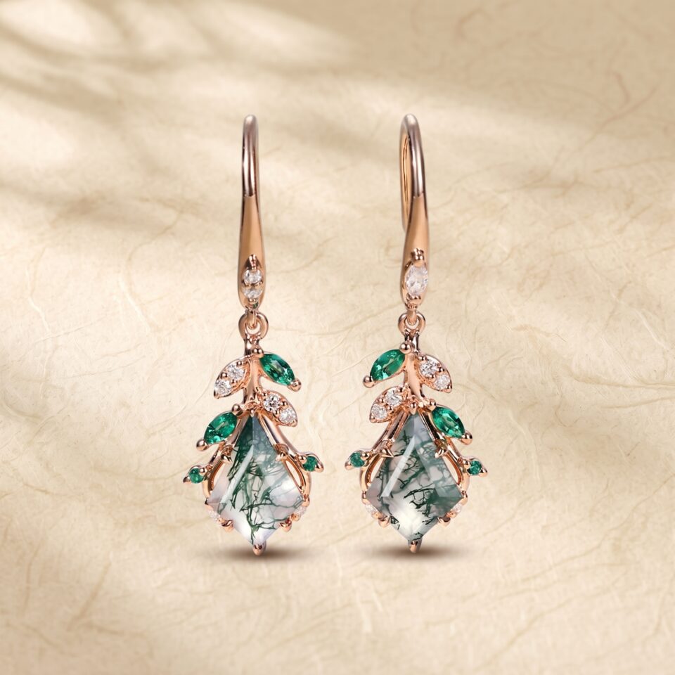 Kite Cut Moss Agate Statement Earrings with Organic Leaf Details (4)