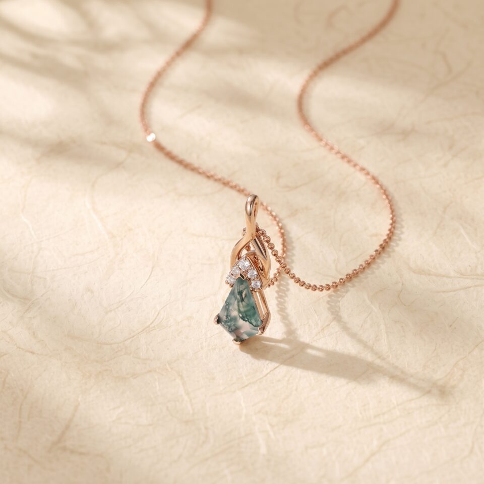 Kite Moss Agate Gemstone Necklace with Diamond Accented Pendant (3)