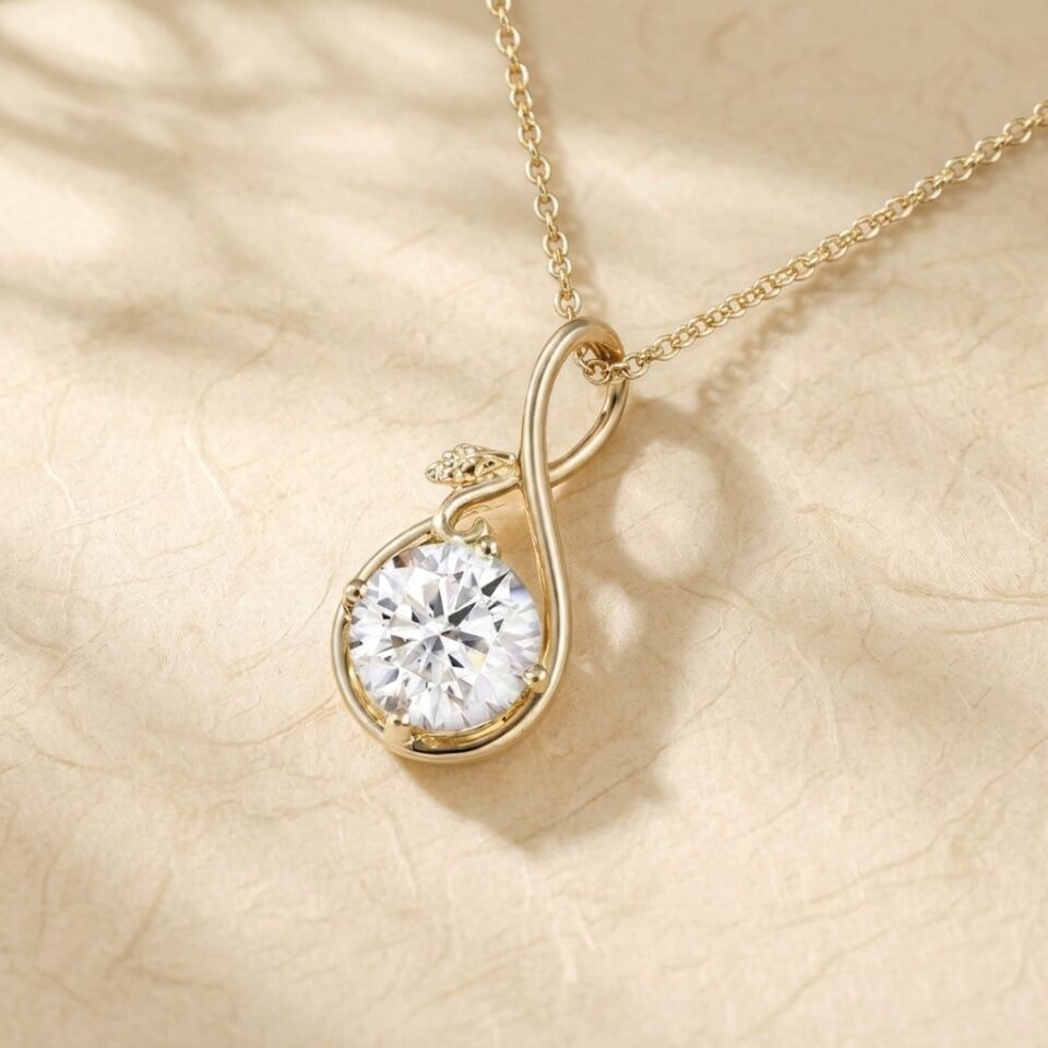 Leaf Accented Round Cut Moissanite Infinity Pendant Necklace2