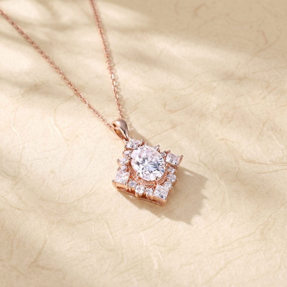 Magic Mirror | Oval Cut Moissanite Halo Cluster Pendant Necklace3