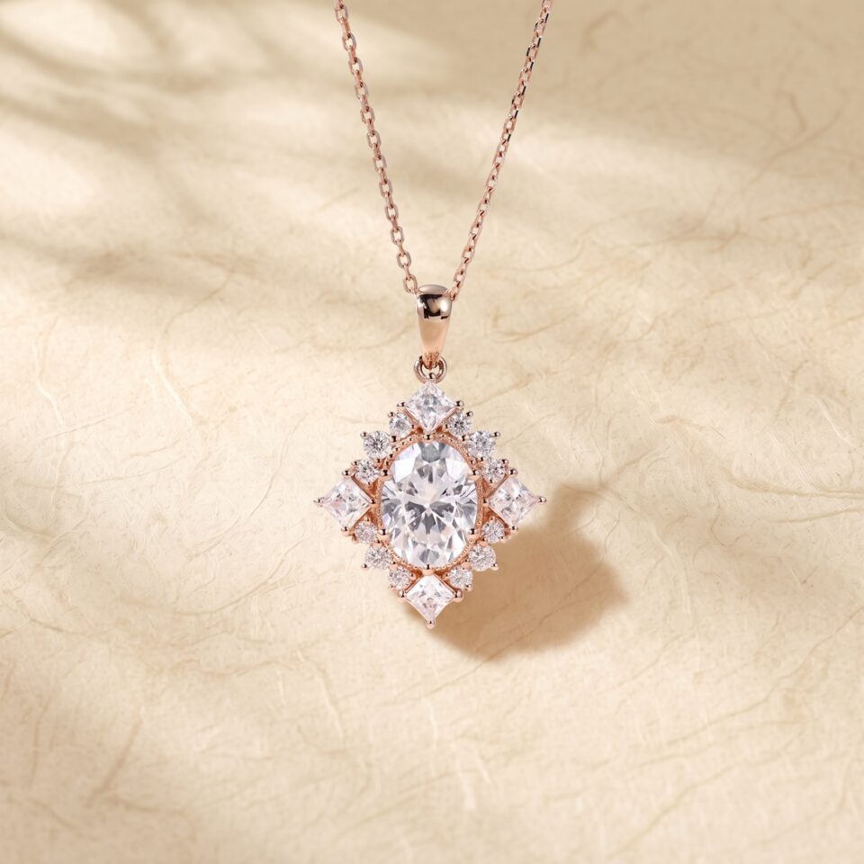 Magic Mirror | Oval Cut Moissanite Halo Cluster Pendant Necklace4