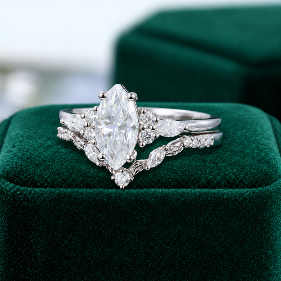 Marquise-Cut Moissanite Engagement Ring Set with Carved Leaf Band (1)
