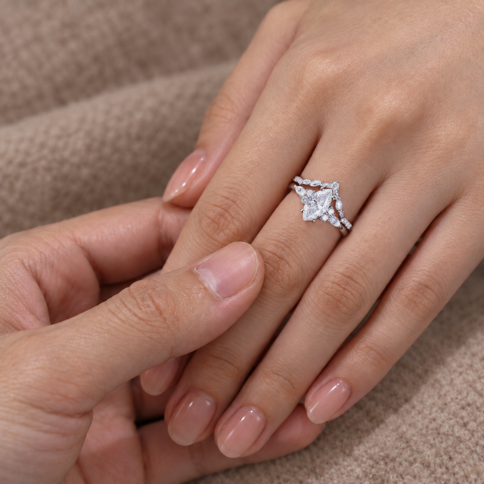 Marquise-Cut Moissanite Engagement Ring Set with Carved Leaf Band (4)