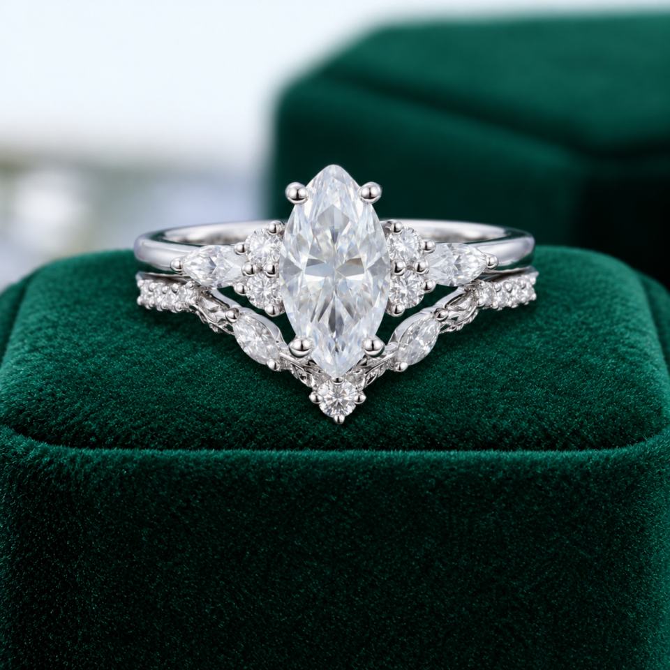 Marquise-Cut Moissanite Engagement Ring Set with Carved Leaf Band