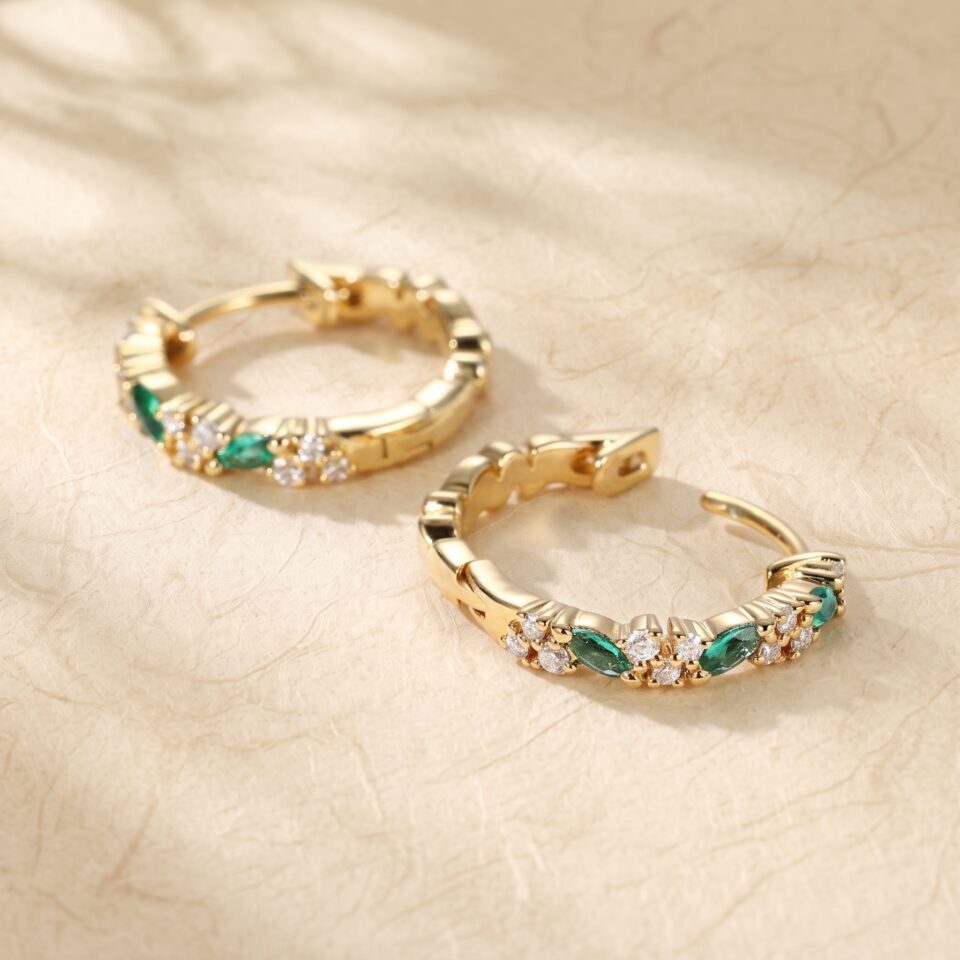 Marquise Emerald and Round Moissanite Huggie Earrings with Elegant Alternating Details (2)