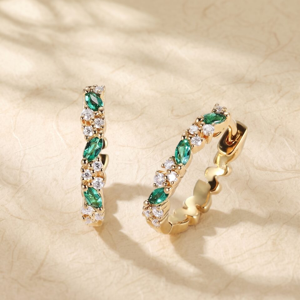Marquise Emerald and Round Moissanite Huggie Earrings with Elegant Alternating Details (3)