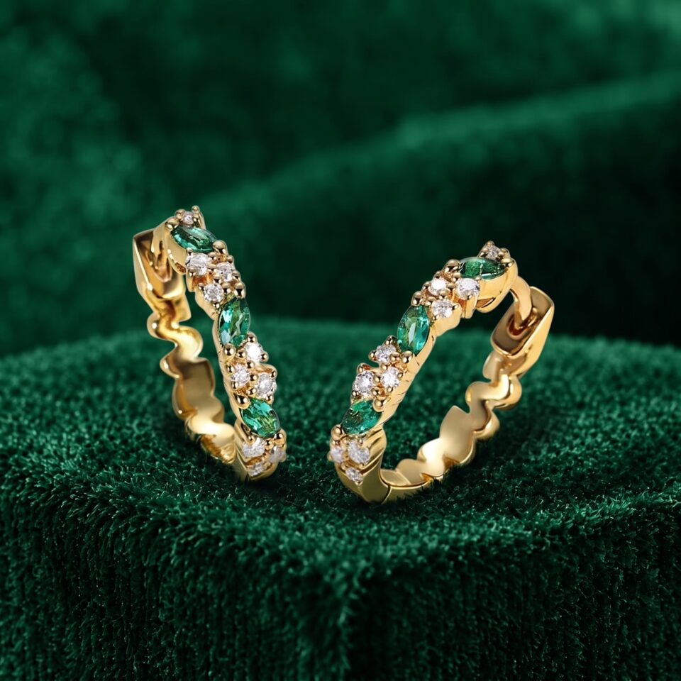Marquise Emerald and Round Moissanite Huggie Earrings with Elegant Alternating Details