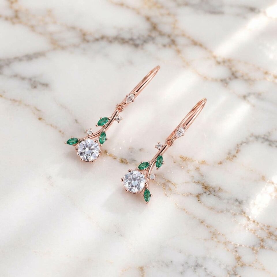 Moissanite Nature Inspired Branch Earrings with Round Cut Gemstones (1)