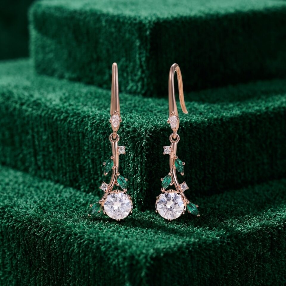 Moissanite Nature Inspired Branch Earrings with Round Cut Gemstones