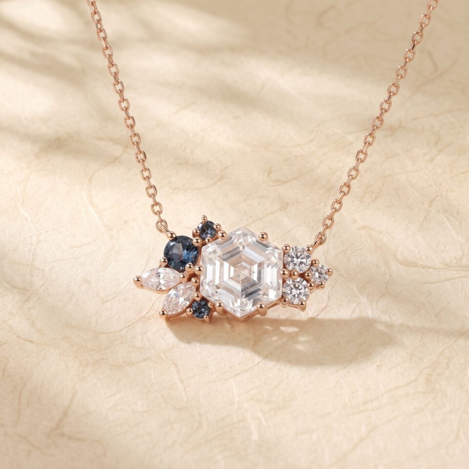 Moissanite Necklace with Hexagon Cut Stones in an Art Deco Cluster Design6