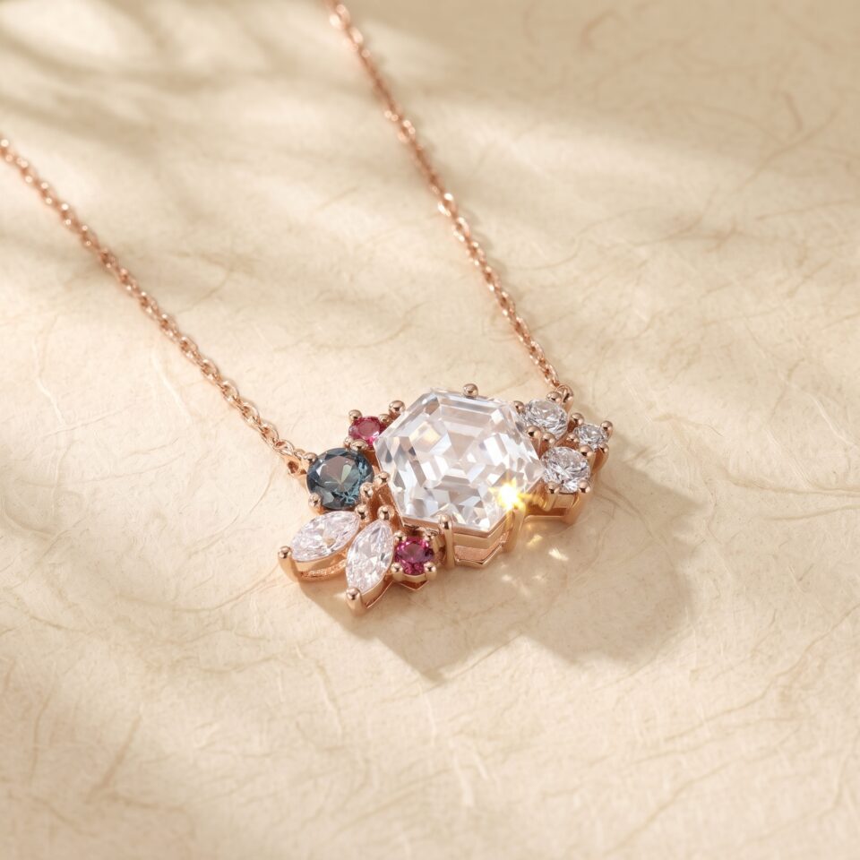 Moissanite Necklace with Hexagon Cut Stones in an Art Deco Cluster Design7