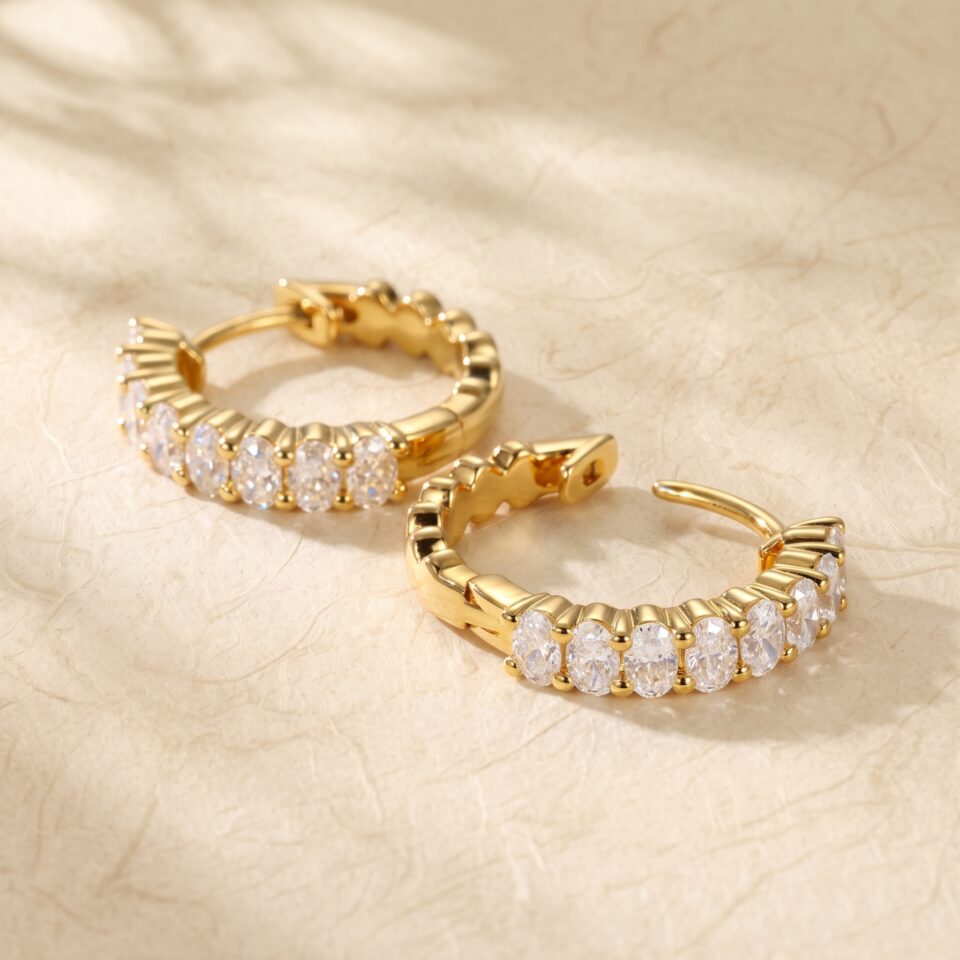Moissanite Oval Huggie Hoop Earrings with Shared Prong Design (3)