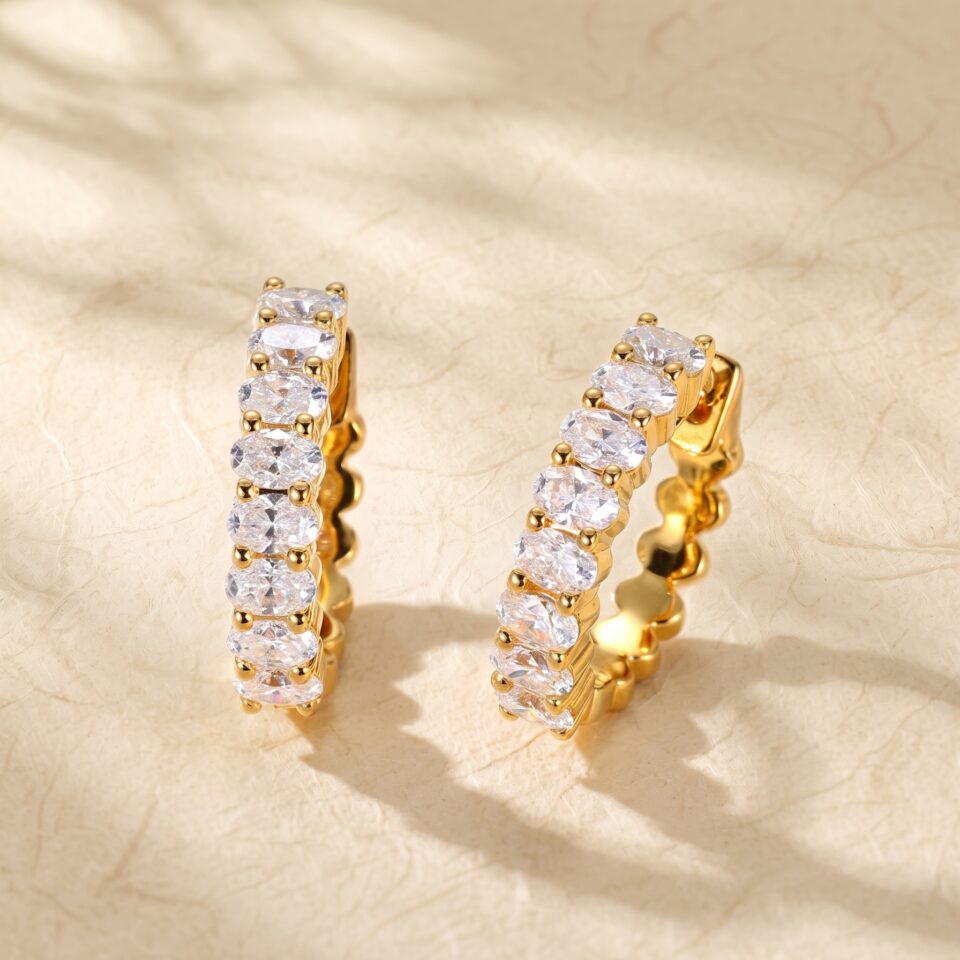 Moissanite Oval Huggie Hoop Earrings with Shared Prong Design