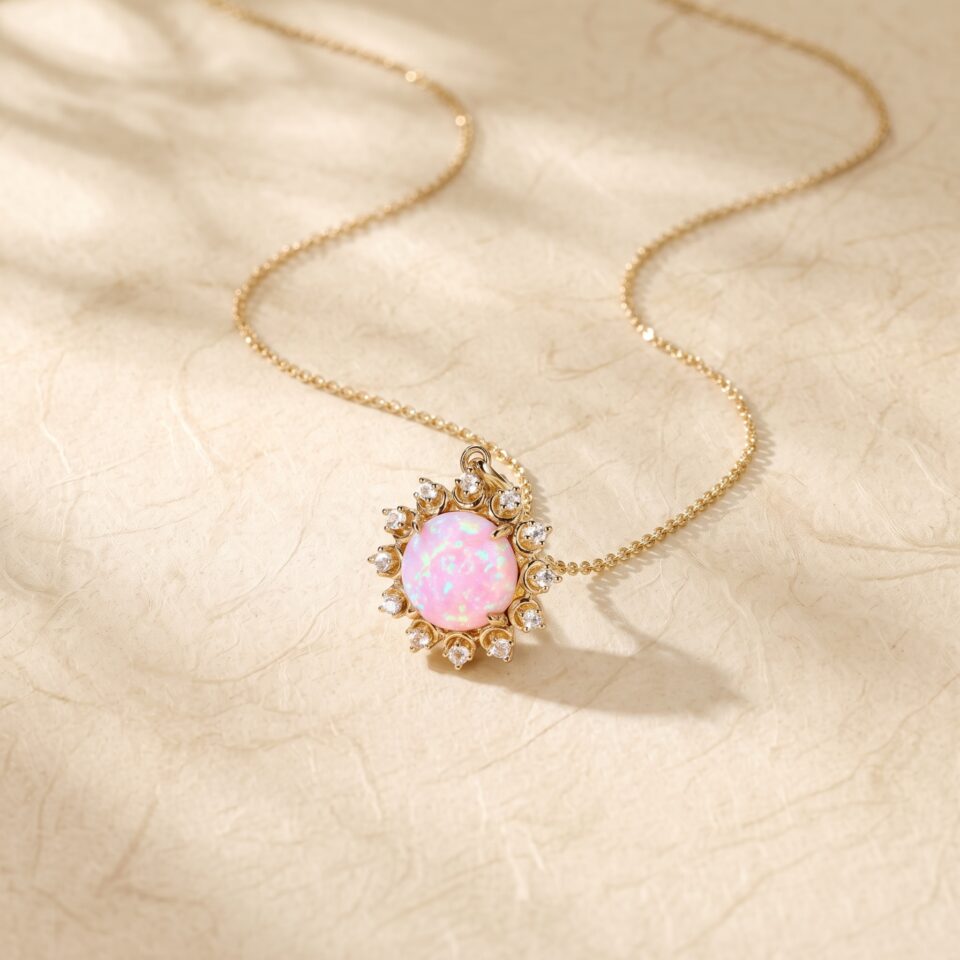 Moonstone Halo Pendant Necklace with Lab Pink Opal for Women2
