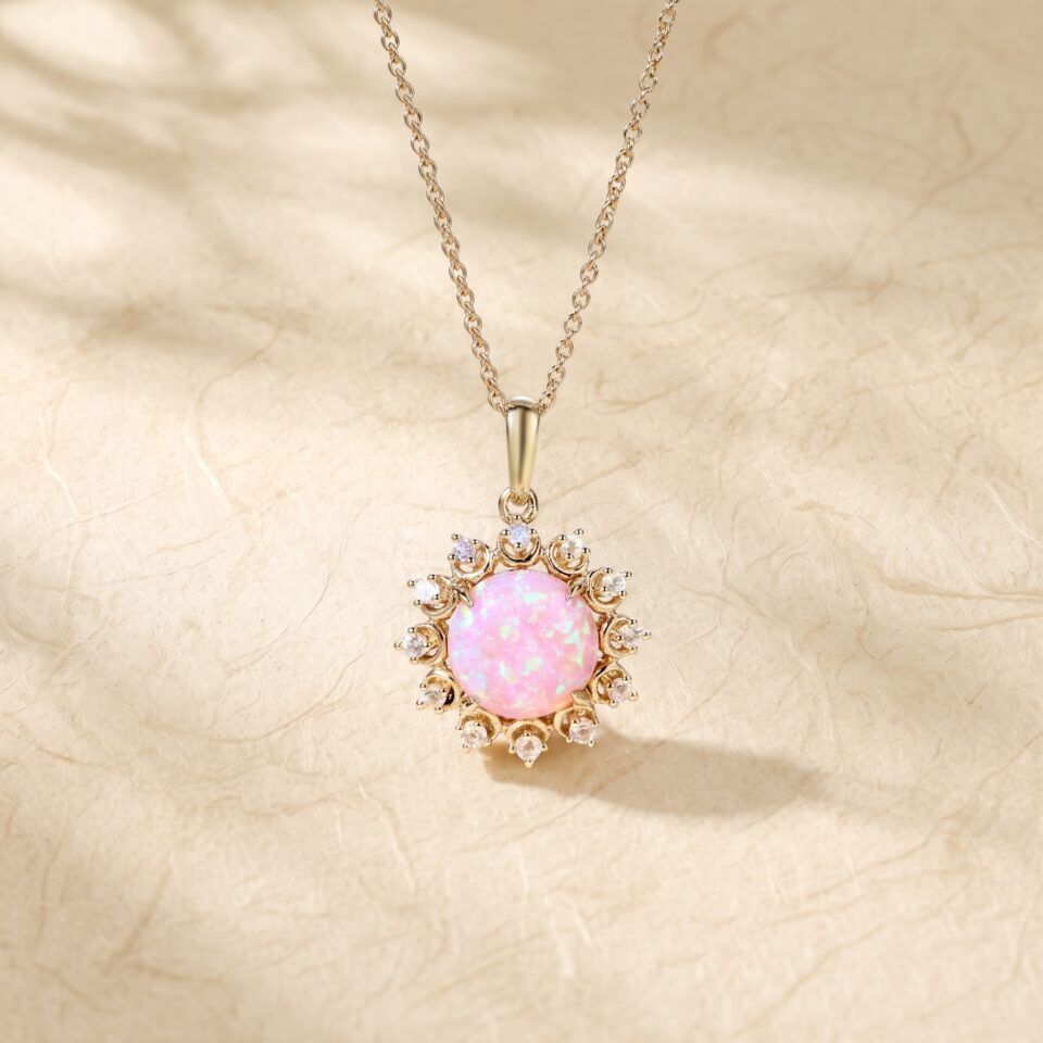 Moonstone Halo Pendant Necklace with Lab Pink Opal for Women5