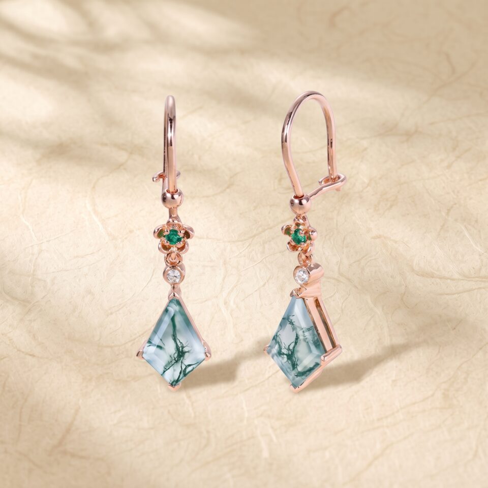 Moss Agate Dangle Earrings with Kite Cut Gemstones and Floral Emeralds (1)
