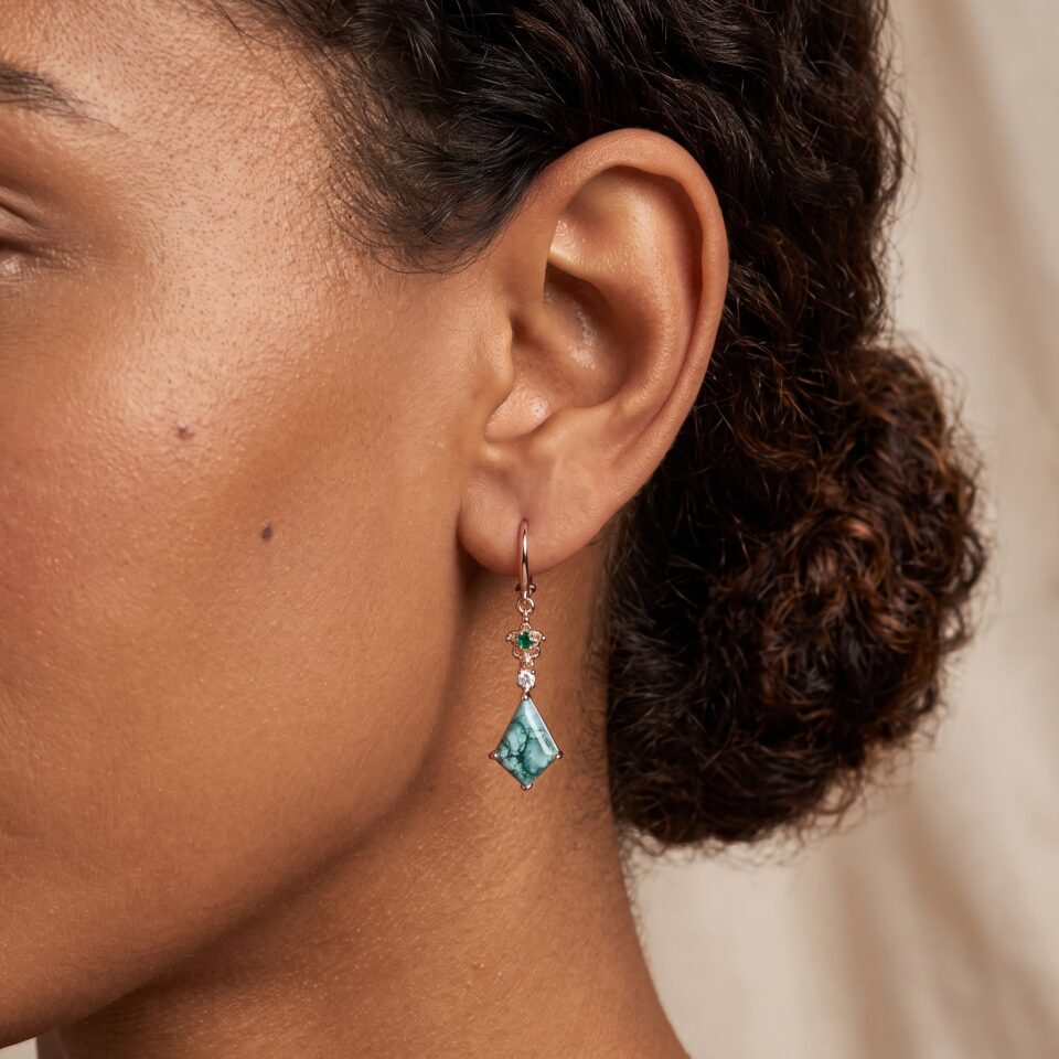 Moss Agate Dangle Earrings with Kite Cut Gemstones and Floral Emeralds (3)